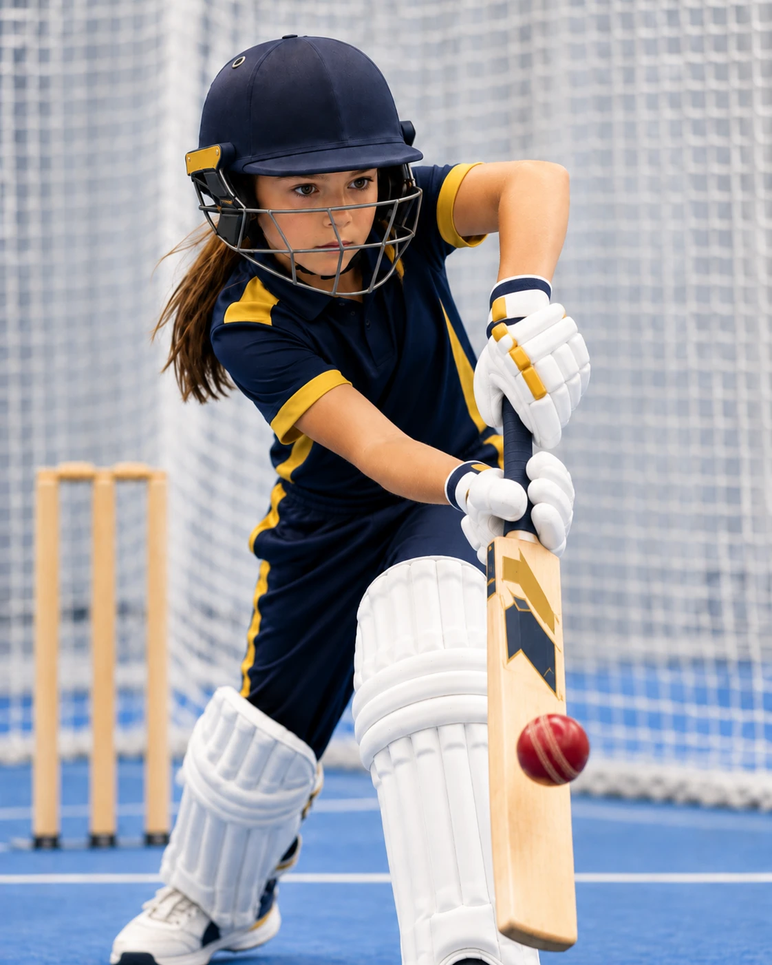 Girl in navy and gold kit playing a defensive shot in an indoor net
